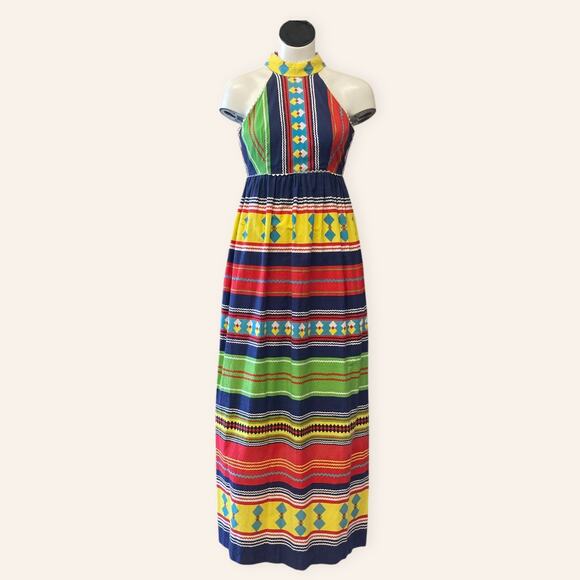 Vintage Dresses & Skirts - Vintage Boho Halter Maxi Dress | Multicolor Moroccan Stripes